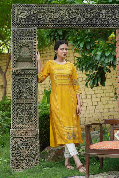 Juniper Mustard Rayon Festive Printed Straight Kurta For Women - Distacart