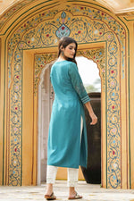 Thumbnail for Juniper Teal Rayon Festive Printed Straight Kurta For Women - Distacart