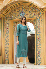 Thumbnail for Juniper Teal Rayon Festive Printed Straight Kurta For Women - Distacart
