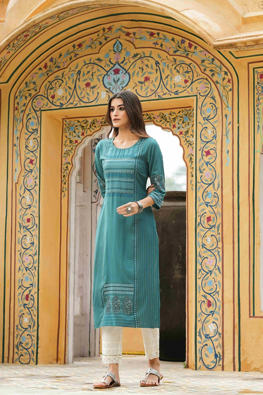Juniper Teal Rayon Festive Printed Straight Kurta For Women - Distacart