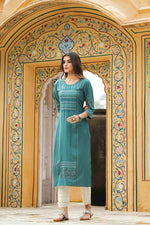 Thumbnail for Juniper Teal Rayon Festive Printed Straight Kurta For Women - Distacart