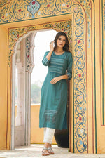 Thumbnail for Juniper Teal Rayon Festive Printed Straight Kurta For Women - Distacart