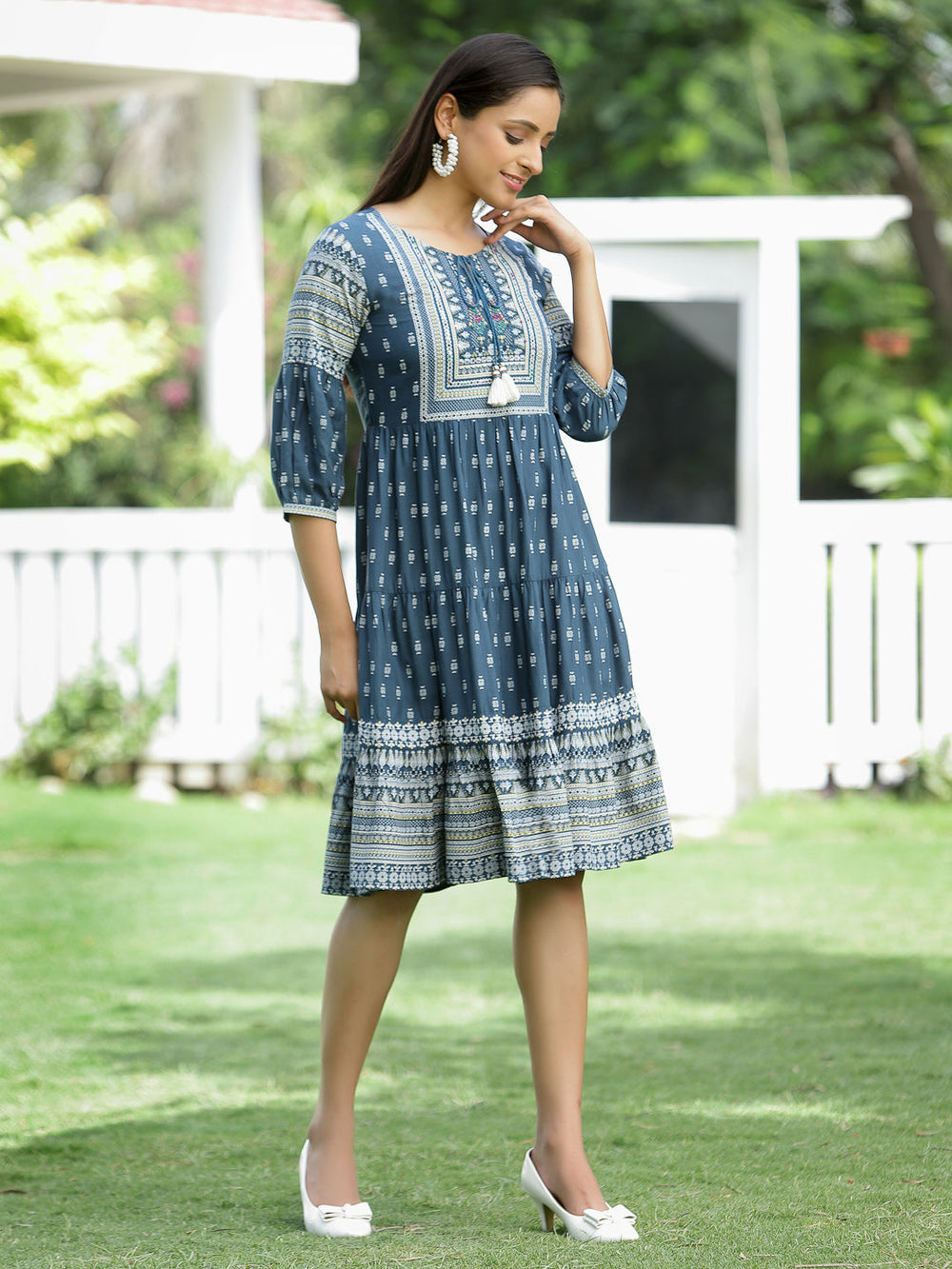 Juniper Blue Rayon Festive Printed Tiered Dress For Women - Distacart