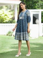 Thumbnail for Juniper Blue Rayon Festive Printed Tiered Dress For Women - Distacart