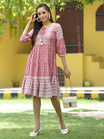 Thumbnail for Juniper Onion Pink Rayon Festive Printed Tiered Dress For Women - Distacart