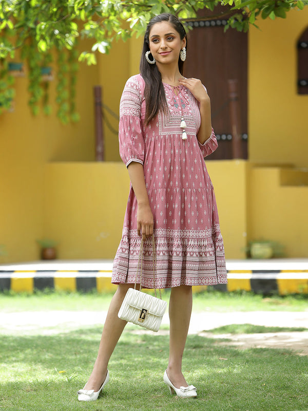 Juniper Onion Pink Rayon Festive Printed Tiered Dress For Women - Distacart