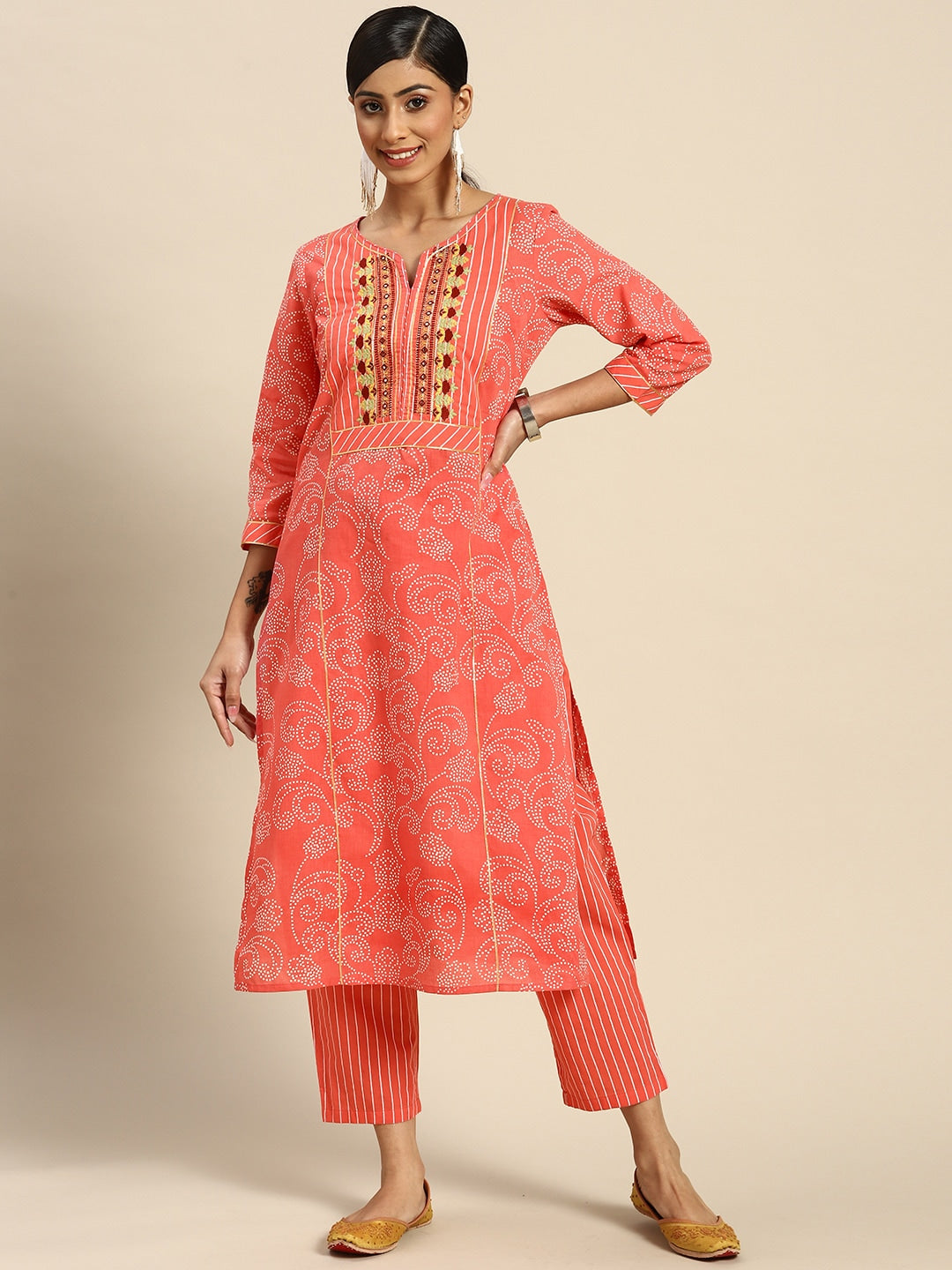 Sangria Women Peach-Coloured Ethnic Printed Mirror Work Pure Cotton Kurta with Trousers - Distacart