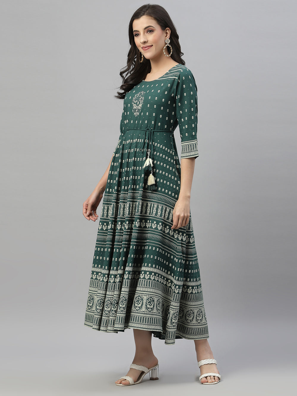 Juniper Green Rayon Festive Printed Flared Dress For Women - Distacart