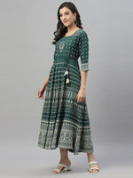 Thumbnail for Juniper Green Rayon Festive Printed Flared Dress For Women - Distacart