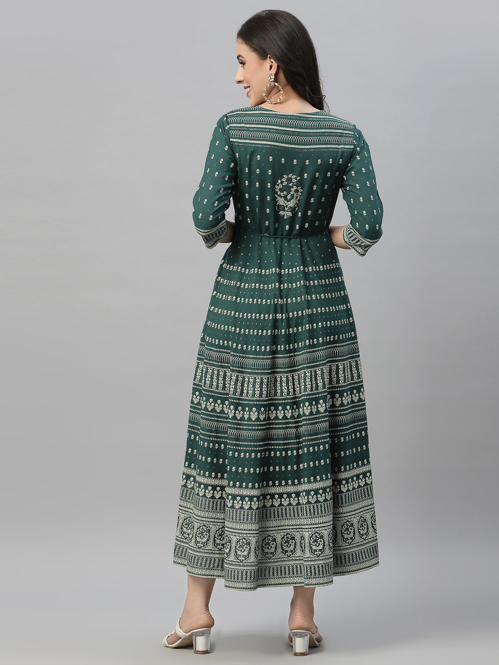 Juniper Green Rayon Festive Printed Flared Dress For Women - Distacart