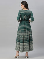 Thumbnail for Juniper Green Rayon Festive Printed Flared Dress For Women - Distacart