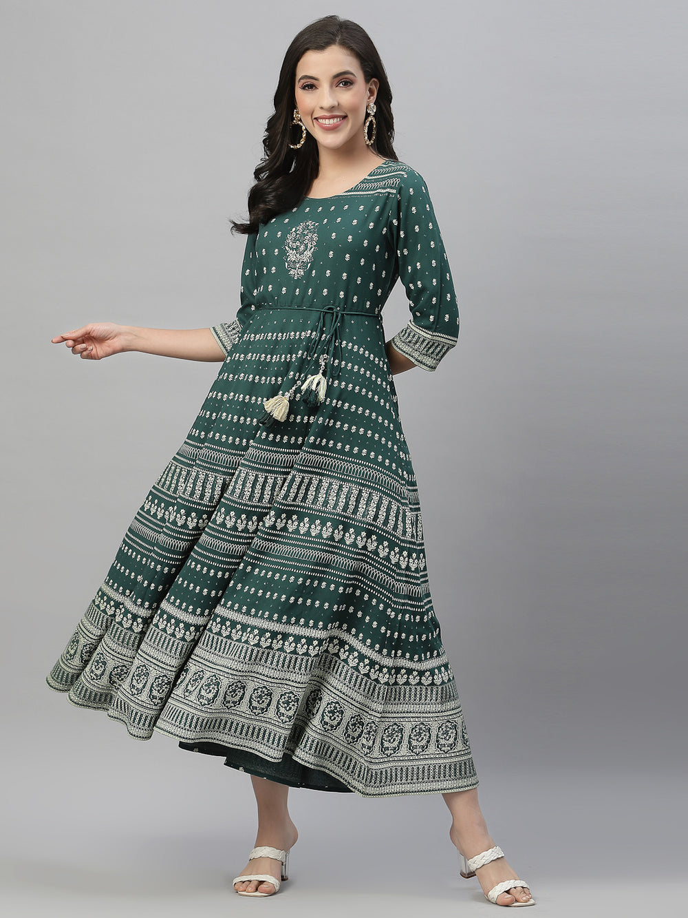 Juniper Green Rayon Festive Printed Flared Dress For Women - Distacart
