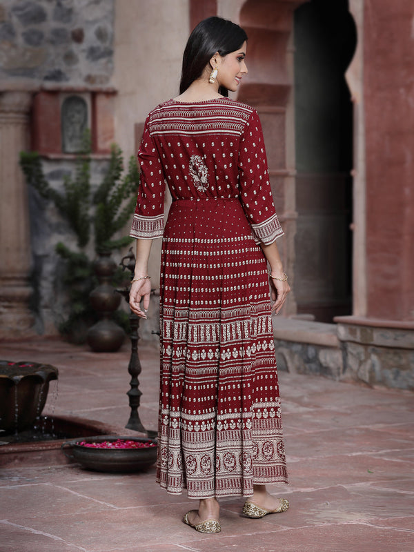 Juniper Women's Maroon Rayon Printed Flared Dress - Distacart