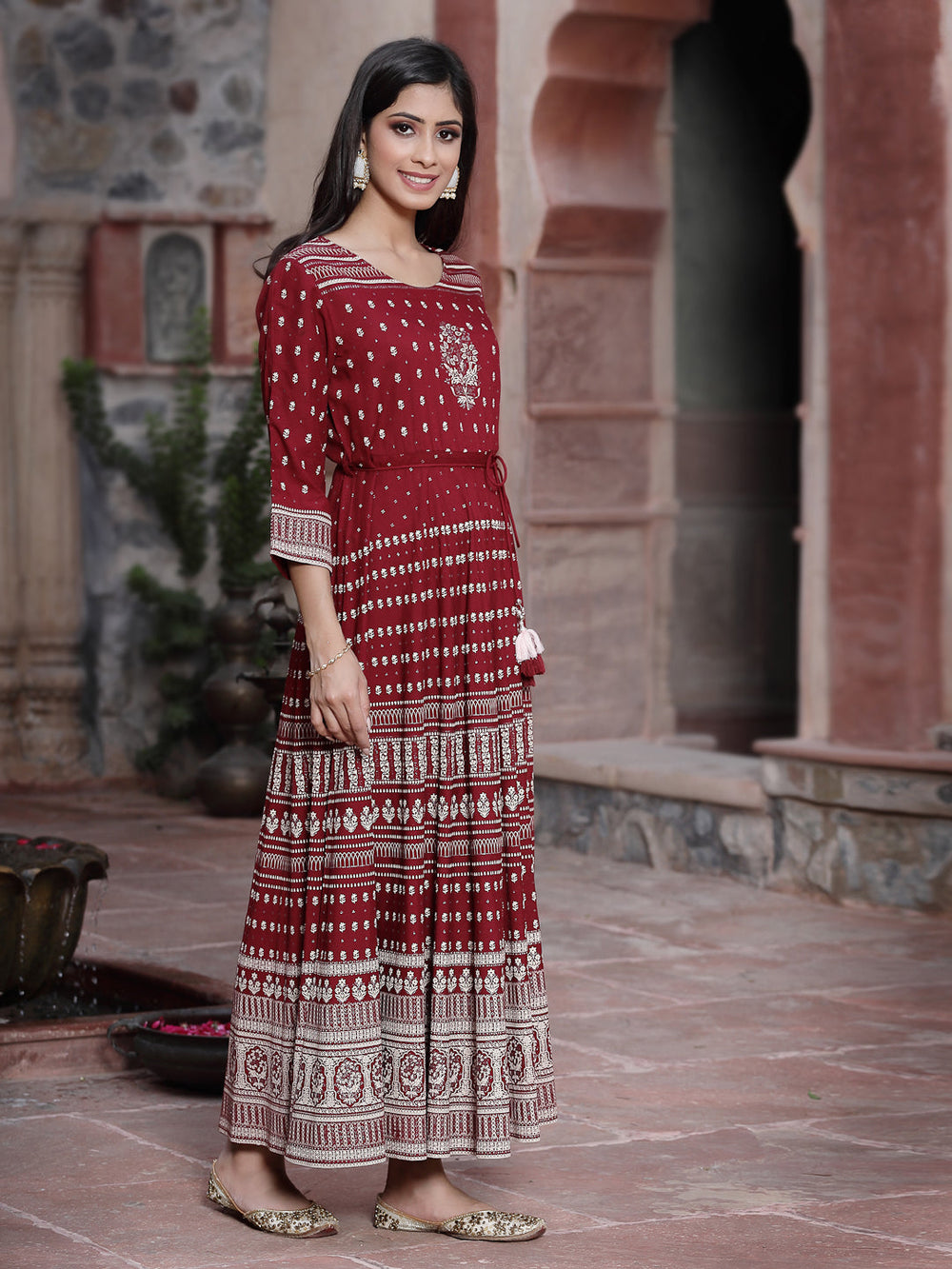 Juniper Women's Maroon Rayon Printed Flared Dress - Distacart