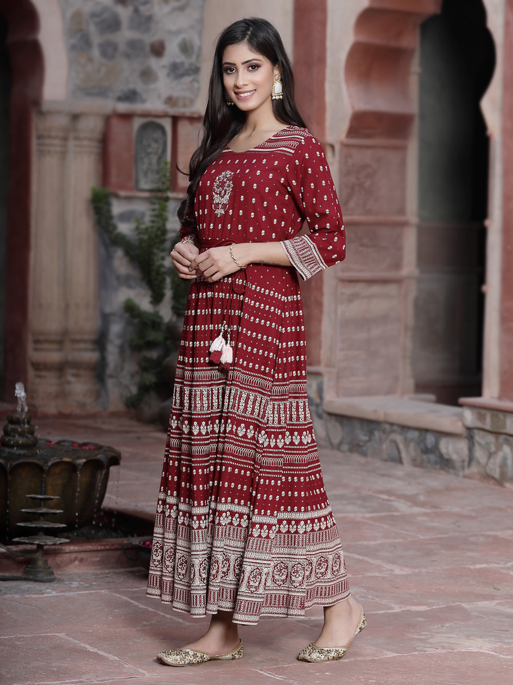 Juniper Women's Maroon Rayon Printed Flared Dress - Distacart
