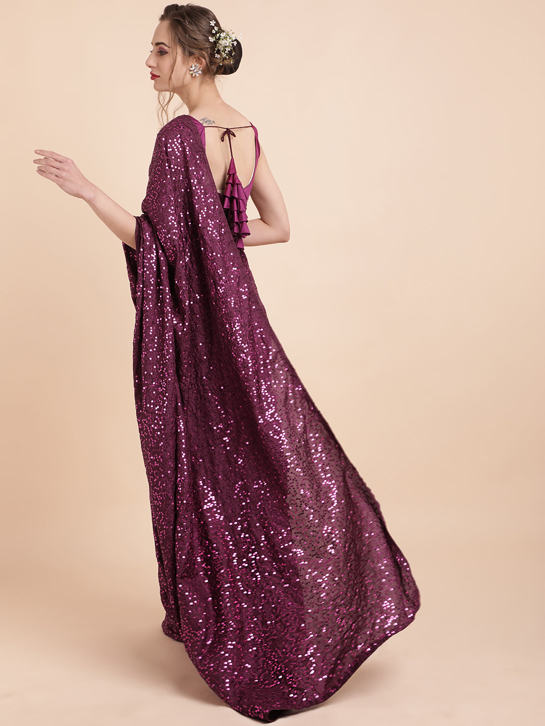 Sangria Burgundy Embellished Sequinned Pure Georgette Saree - Distacart