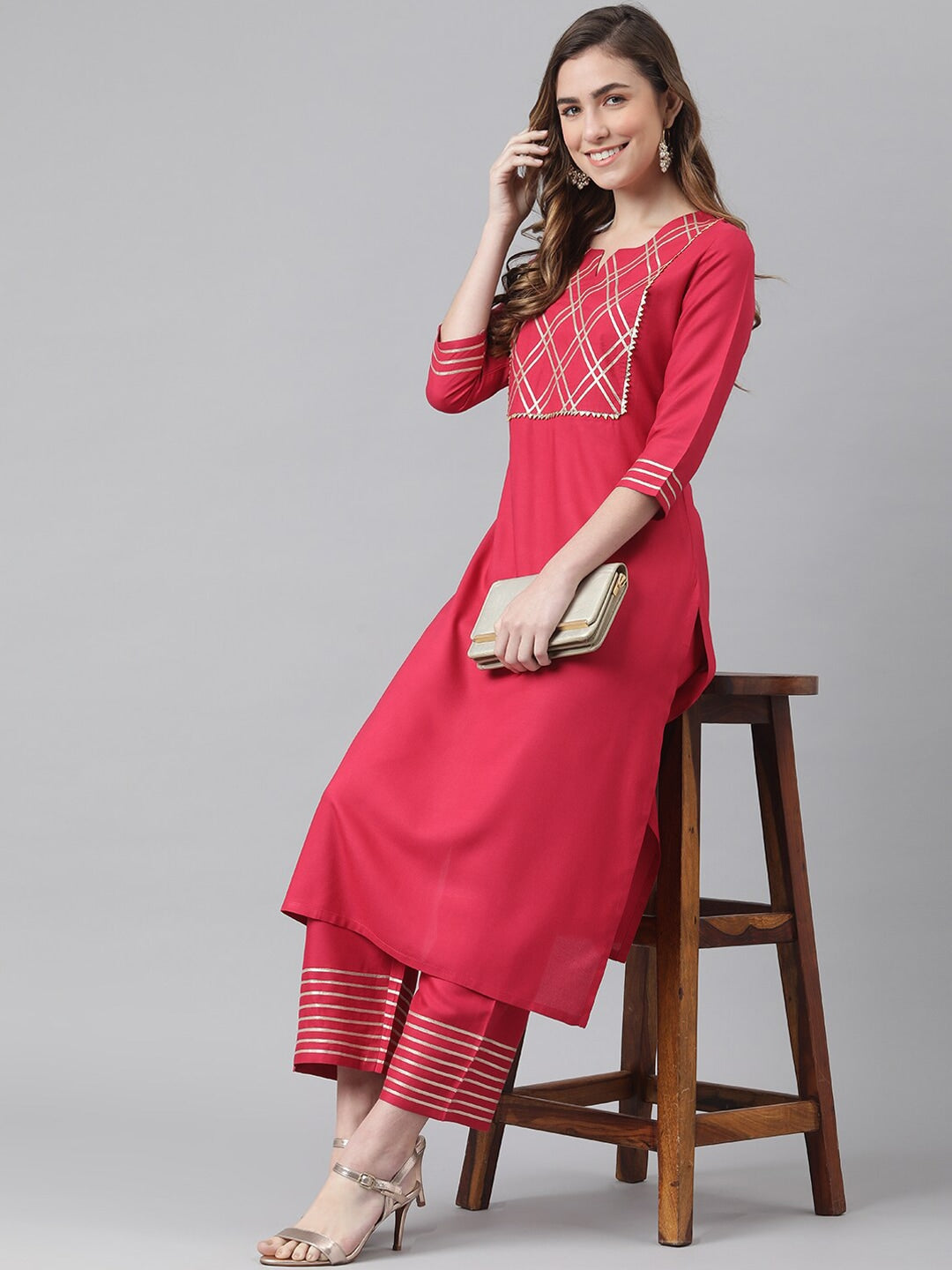 Khushal K Women Maroon & White Yoke Design Kurta with Palazzos - Distacart