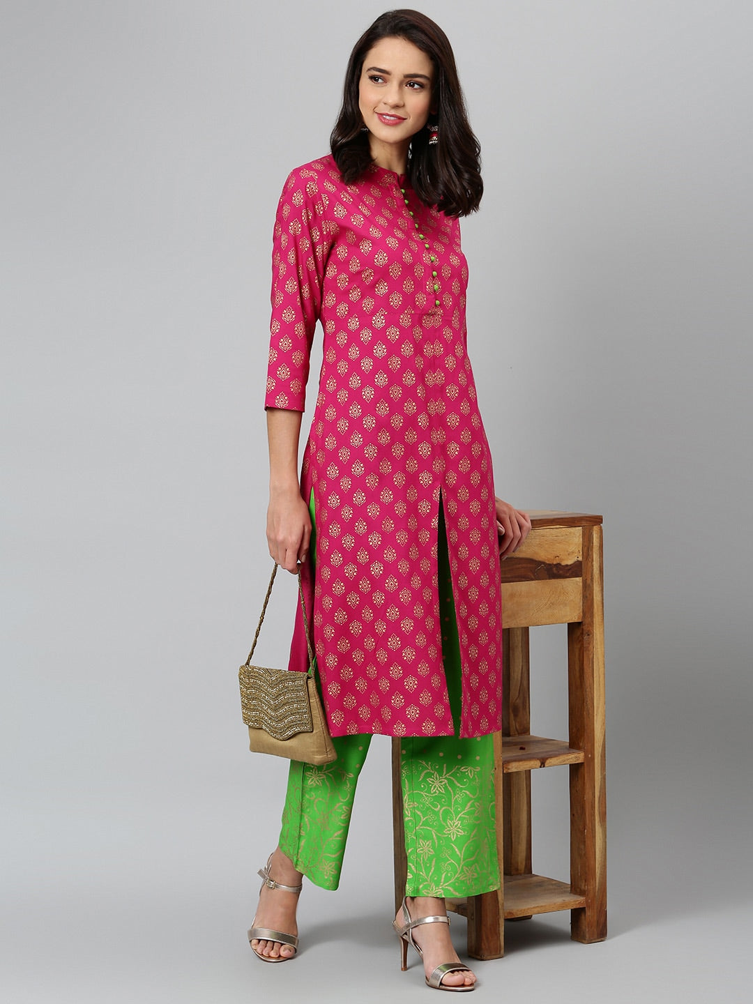Khushal K Women Pink & Green Printed Kurta with Palazzos - Distacart