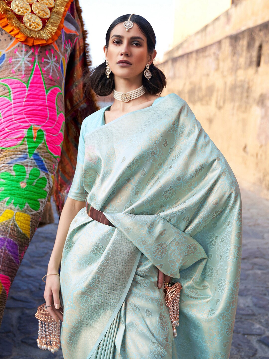 Mitera Women Turquoise Blue Ethnic Motifs Silk Blend Banarasi Saree - Distacart