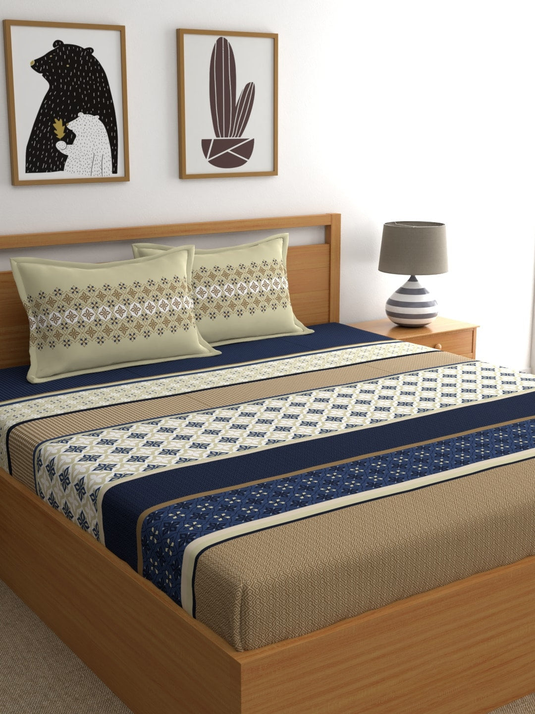 Home Ecstasy Blue & Beige Ethnic Motifs 140 TC King Bedsheet with 2 Pillow Covers - Distacart