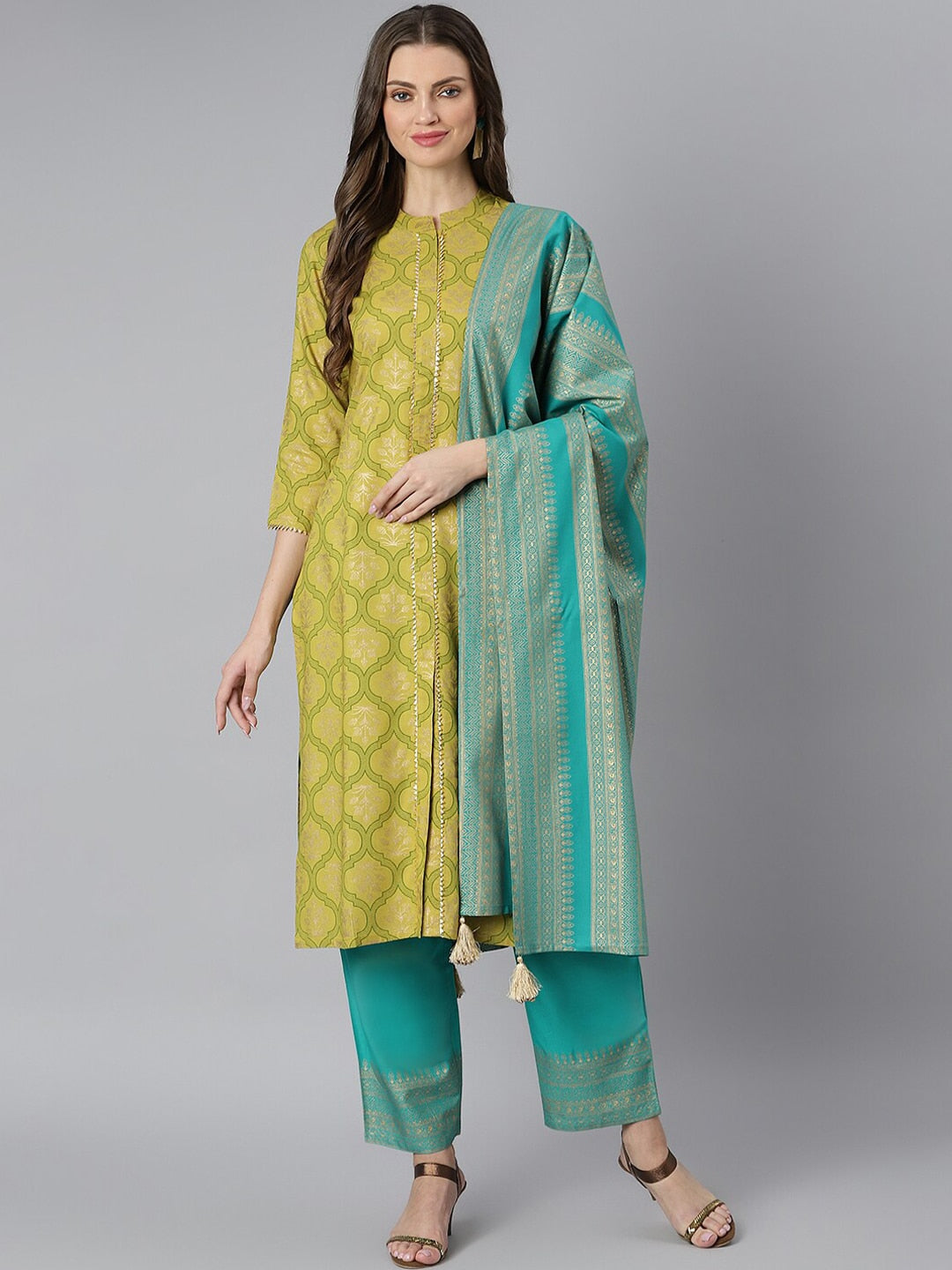 Khushal K Women Turquoise Blue Ethnic Motifs Printed Gotta Patti Kurta with Trousers & With Dupatta - Distacart