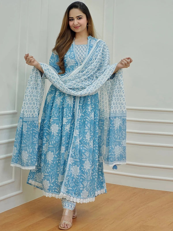 Kalini Floral Printed Sequinned Pure Cotton Kurta & Trousers With Dupatta - Distacart