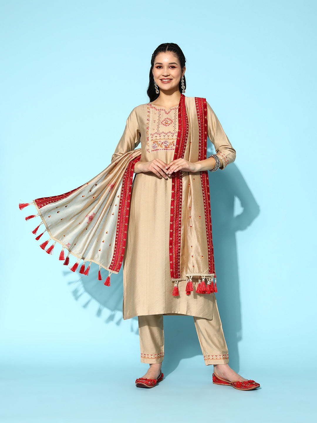 Sangria Embroidered Thread Work Kurta with Trousers & With Dupatta - Distacart
