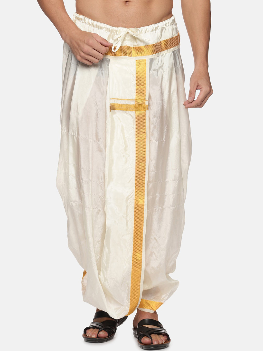 Sethukrishna Men Cream-Coloured & Gold-Coloured Solid Art Silk Dhoti Pants - Distacart