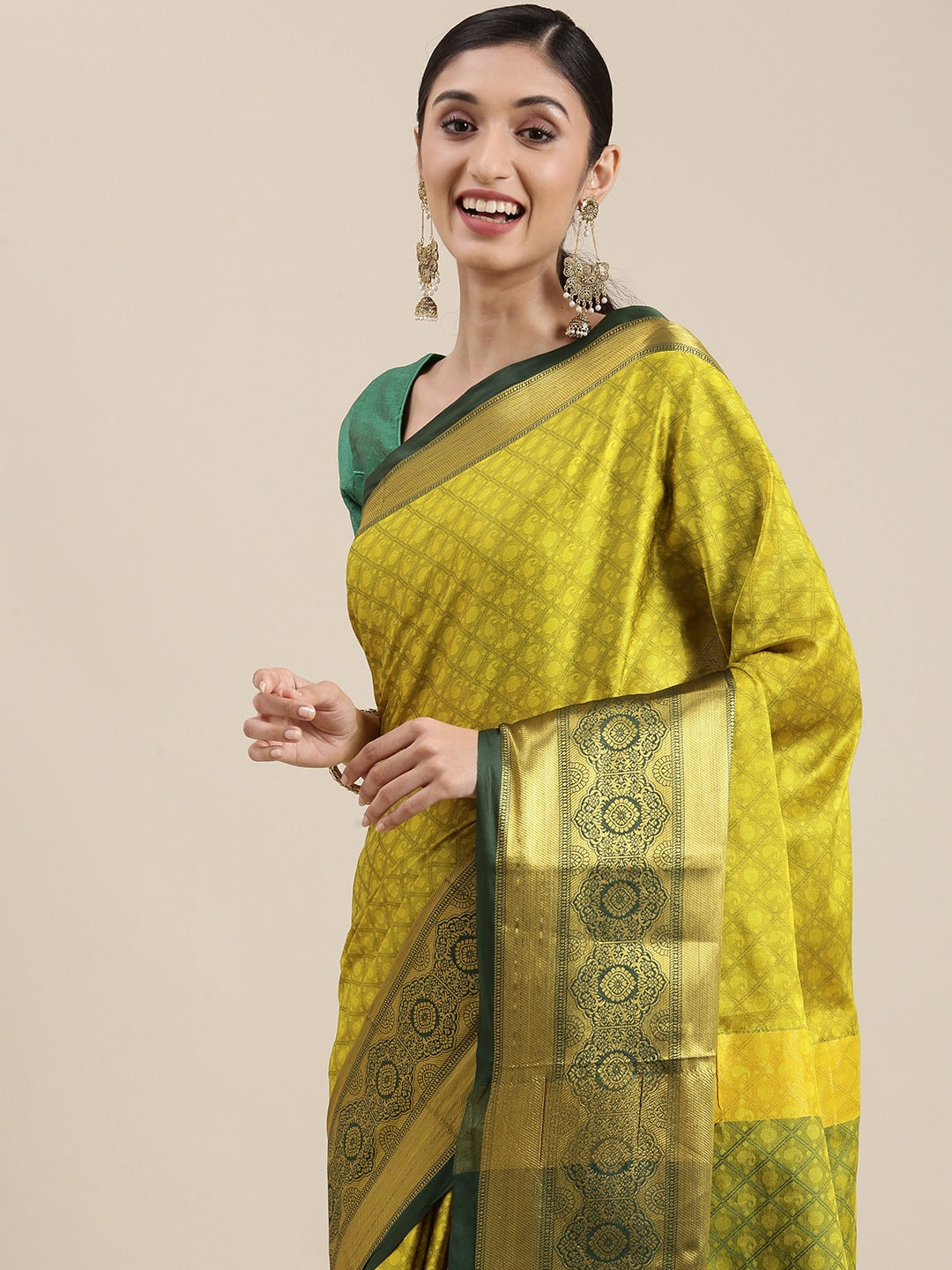 Mitera Olive Green Ethnic Motifs Zari Silk Cotton Banarasi Saree - Distacart