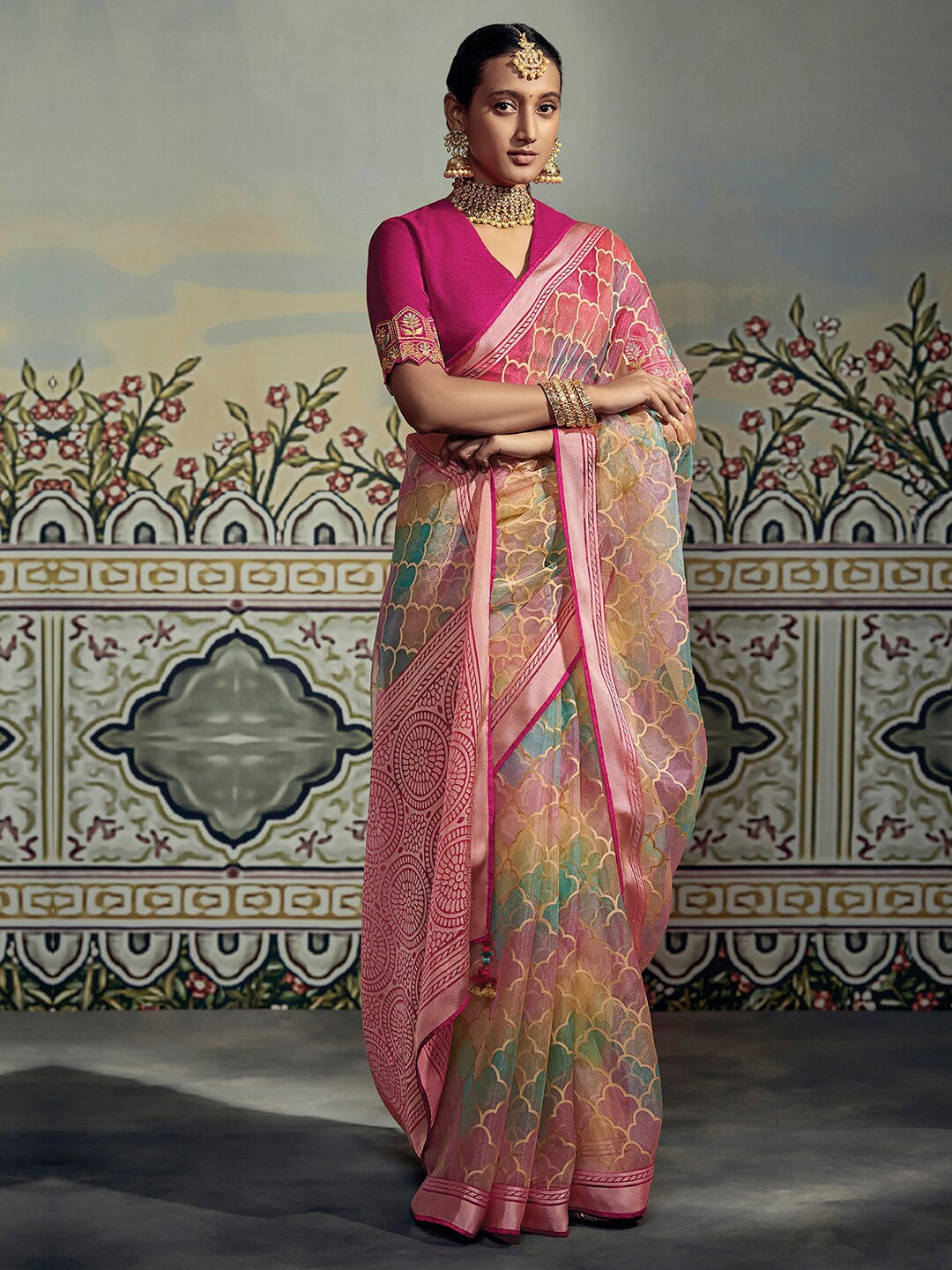 Mitera Pink & Blue Brasso Chanderi Saree - Distacart