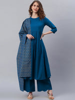 Thumbnail for Janasya Blue Printed Pure Cotton Anarkali Kurta & Palazzos With Dupatta - Distacart