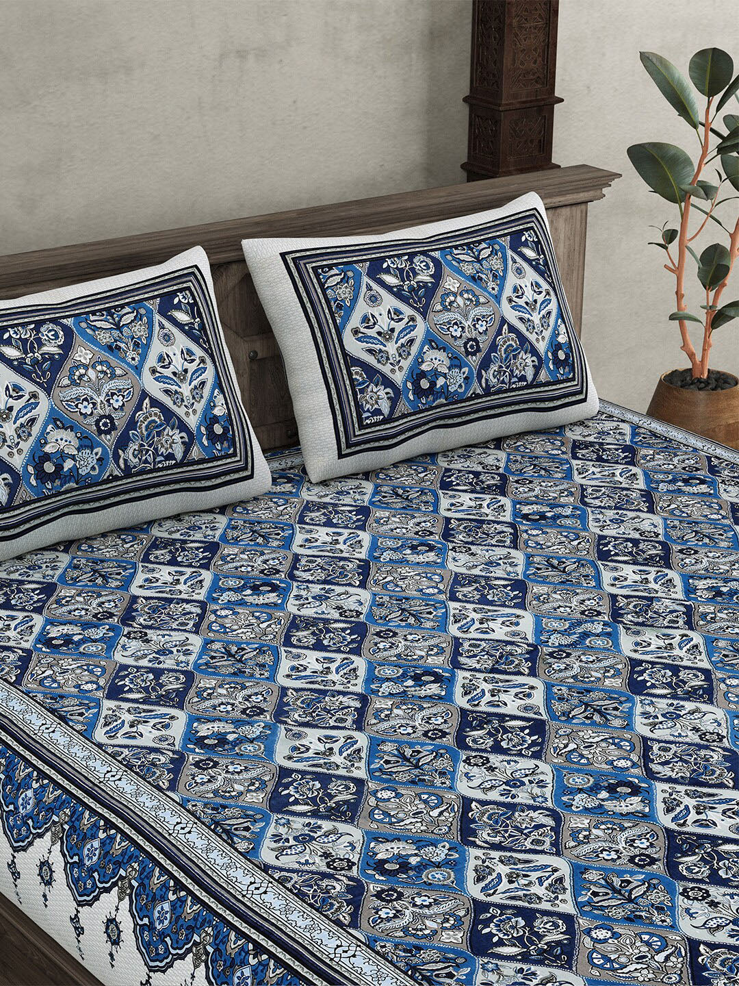 JAIPUR FABRIC Festival Waves Blue & White Cotton 210 TC Queen Bedsheet & 2 Pillow Covers - Distacart