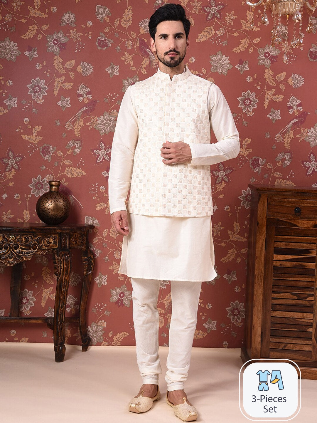 House of Pataudi Straight Kurta With Churidar & Embroidered Nehru Jacket - Distacart