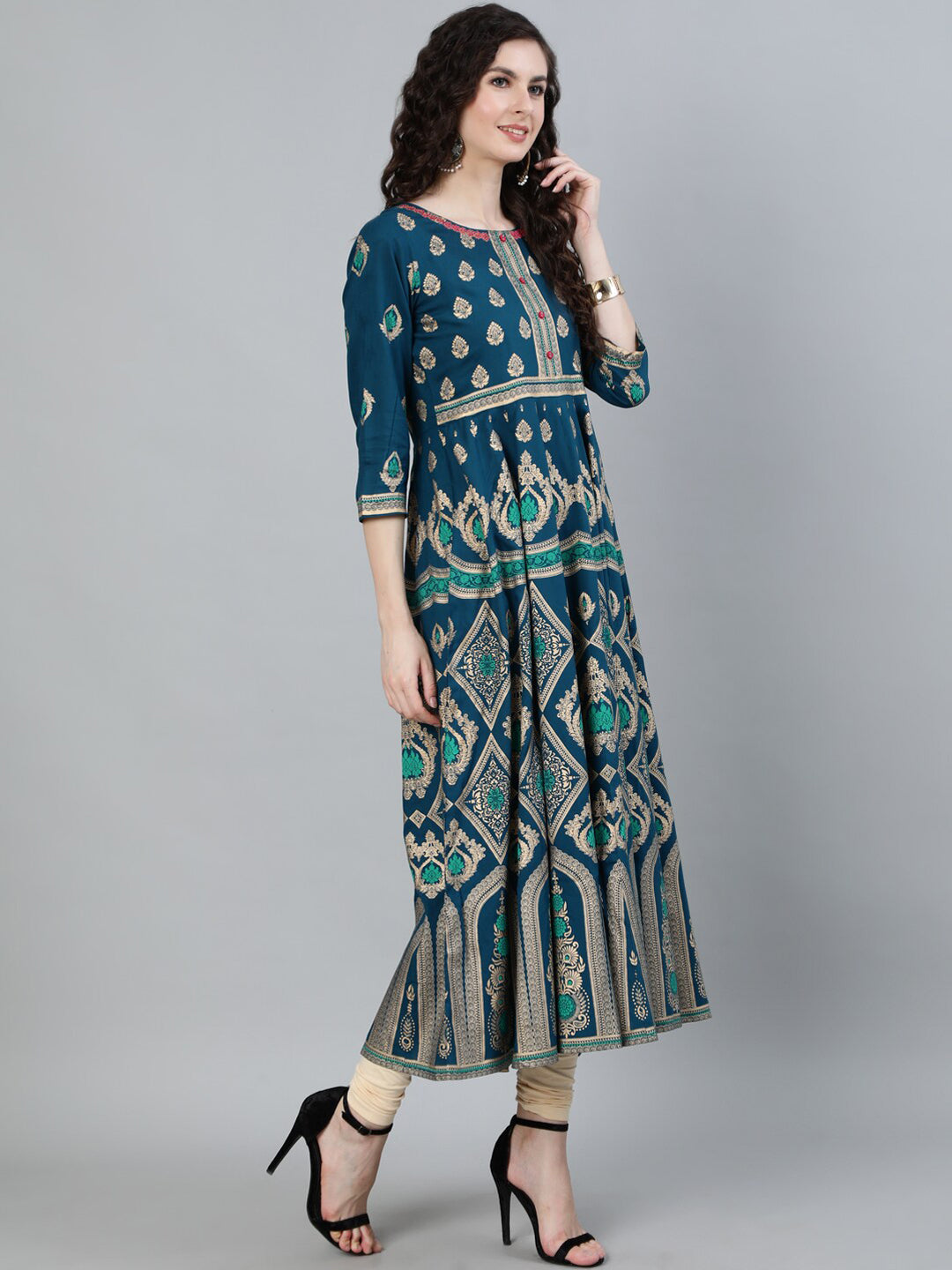 Jaipur Kurti Women Turquoise Blue & Gold Ethnic Motifs Printed Handloom Anarkali Kurta - Distacart