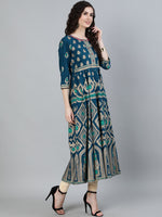 Thumbnail for Jaipur Kurti Women Turquoise Blue & Gold Ethnic Motifs Printed Handloom Anarkali Kurta - Distacart