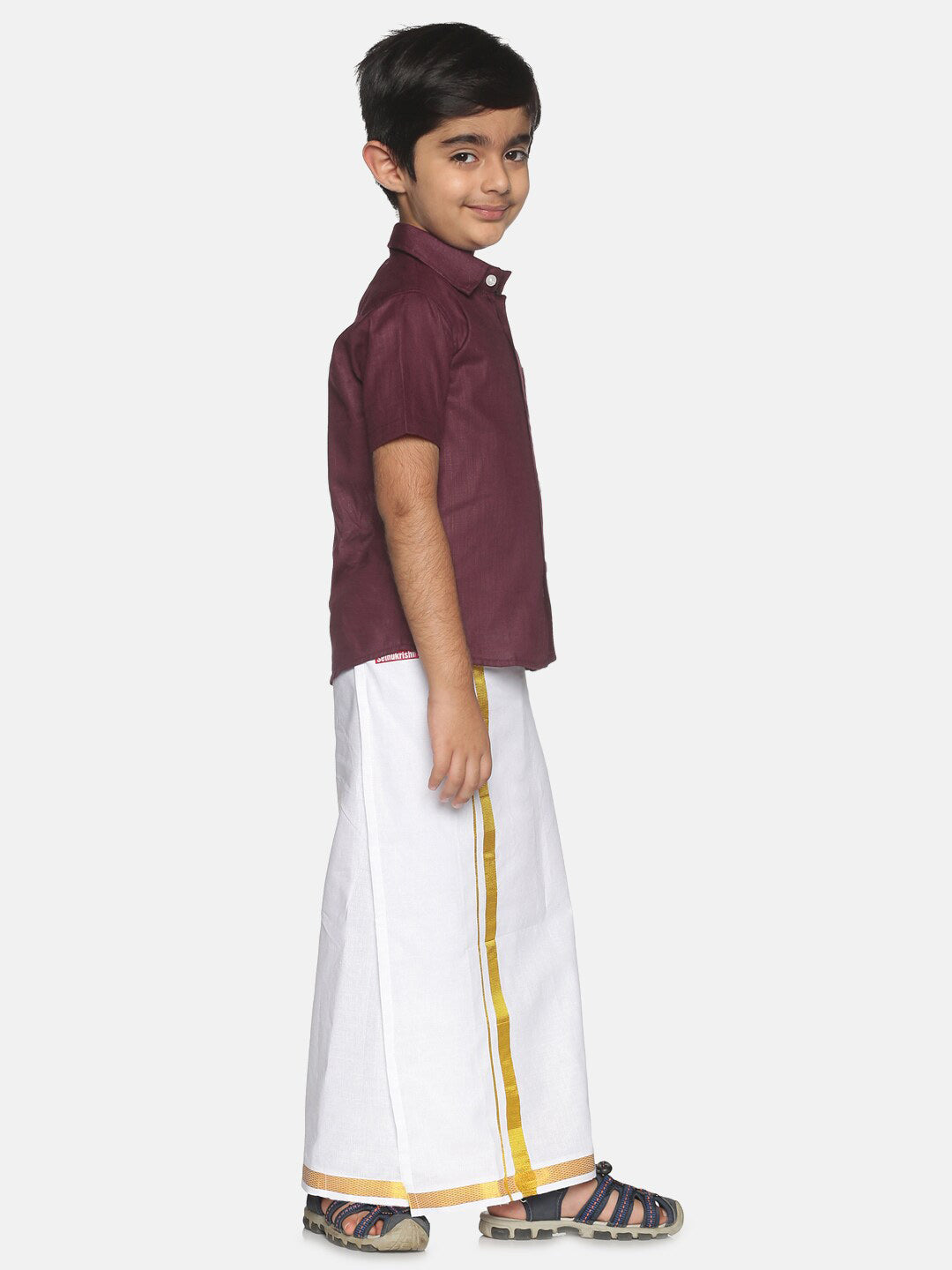 Sethukrishna Boys Maroon & White Pure Cotton Solid Shirt and Dhoti Set - Distacart