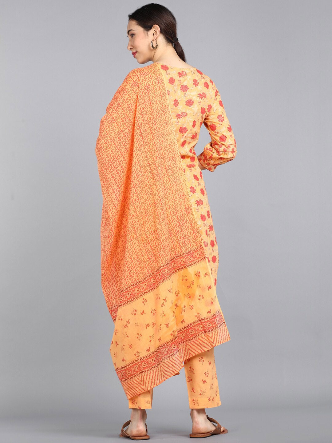 Ahika Women Orange Printed Panelled Pure Cotton Kurti with Palazzos & With Dupatta - Distacart