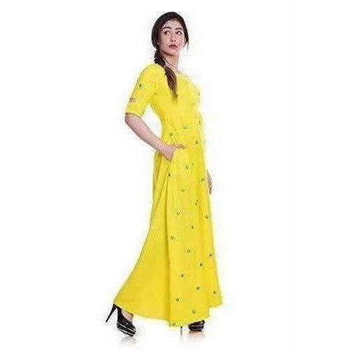 Yellow Color -  Long Embroidered Kurti - Distacart