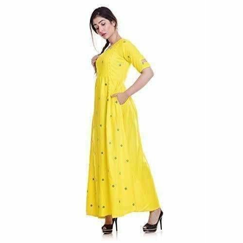Yellow Color -  Long Embroidered Kurti - Distacart