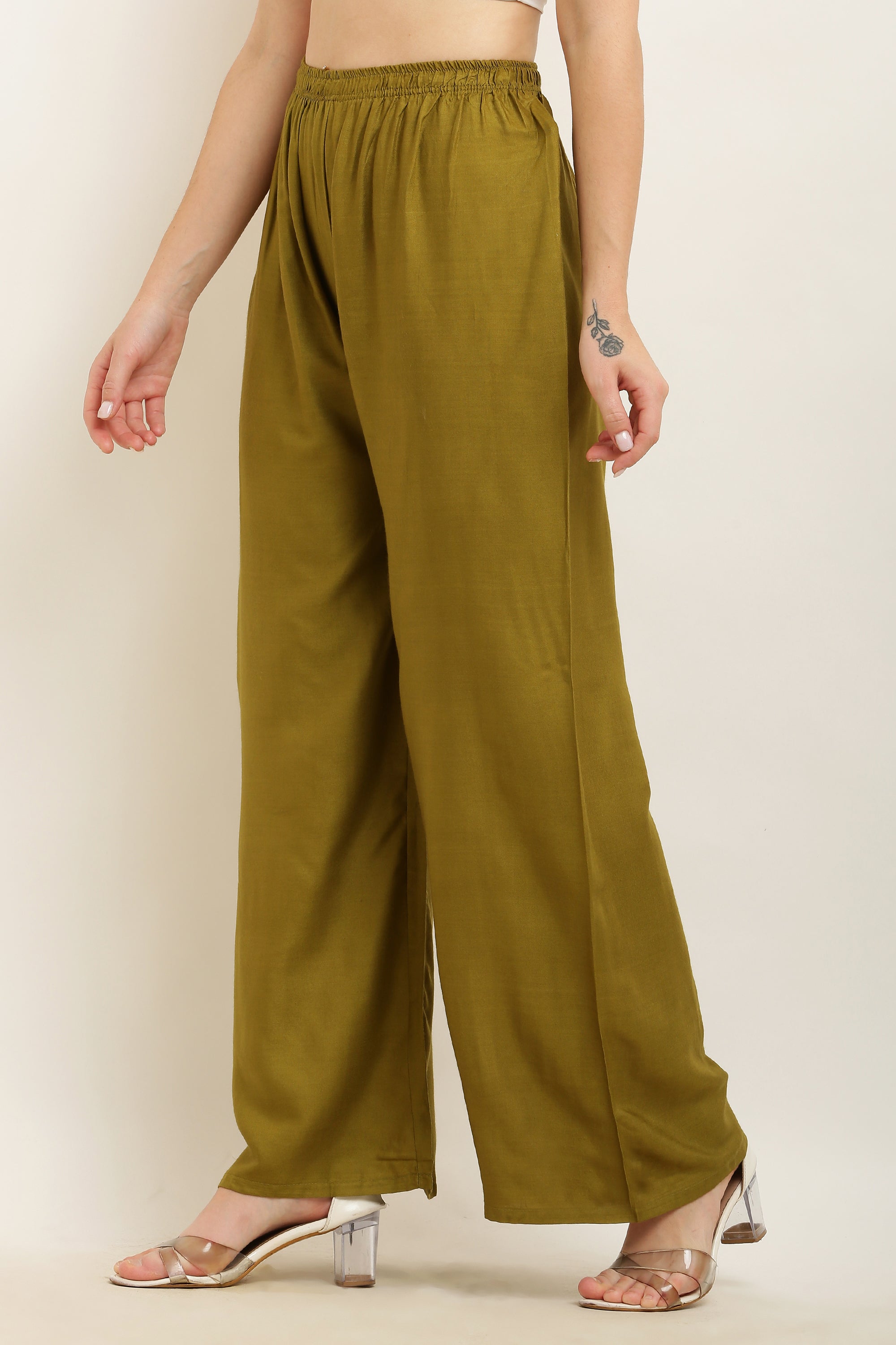 PAVONINE Mehandi Green Color Straight Fit Rayon Fabric Palazzo - Distacart