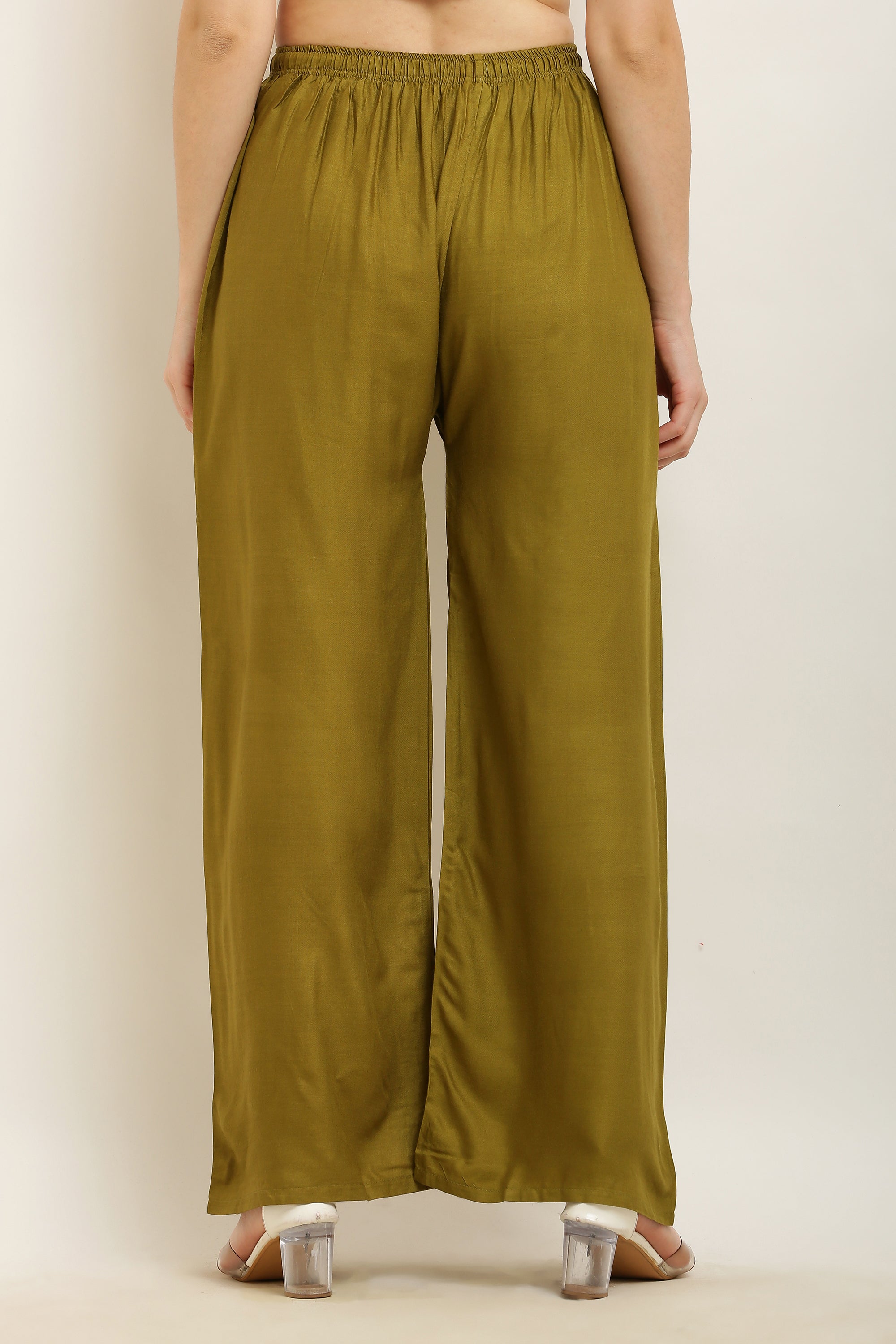 PAVONINE Mehandi Green Color Straight Fit Rayon Fabric Palazzo - Distacart