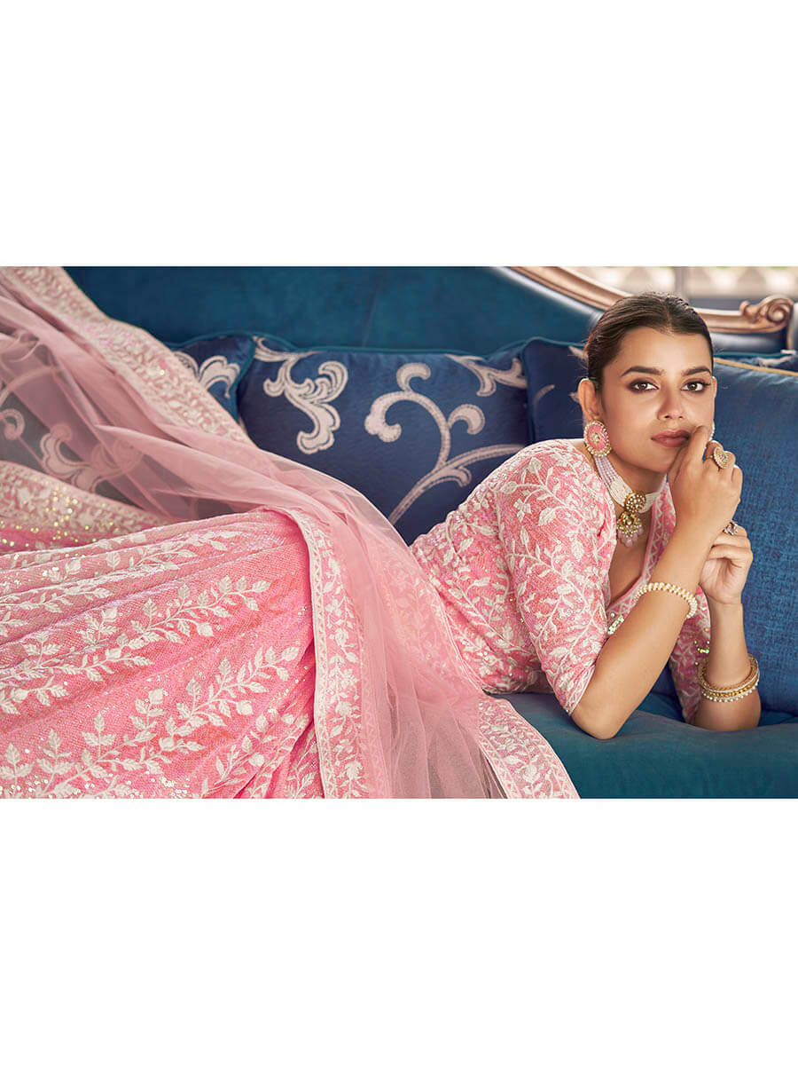 Myra Pink Organza Embroidered Designer Lehenga - Distacart