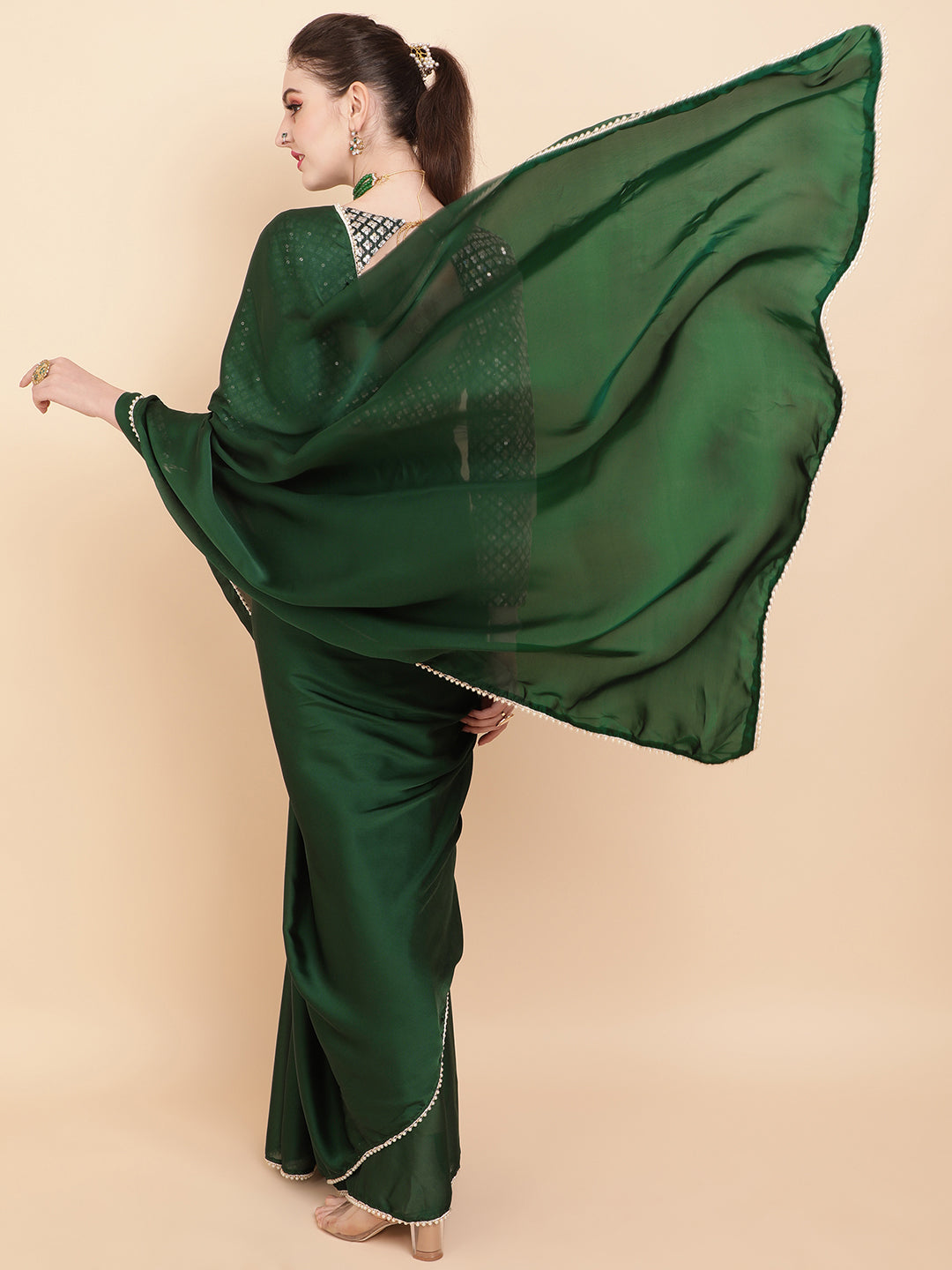 Sangria Green Sequinned Satin Saree - Distacart