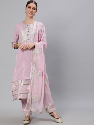 Ishin Women Purple Ethnic Motifs Embroidered Regular Gotta Patti Kurta with Trousers & With Dupatta - Distacart