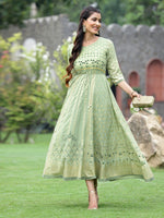 Thumbnail for Juniper Sage Green Georgette Festive Foil Printed Flared Maxi For Women - Distacart