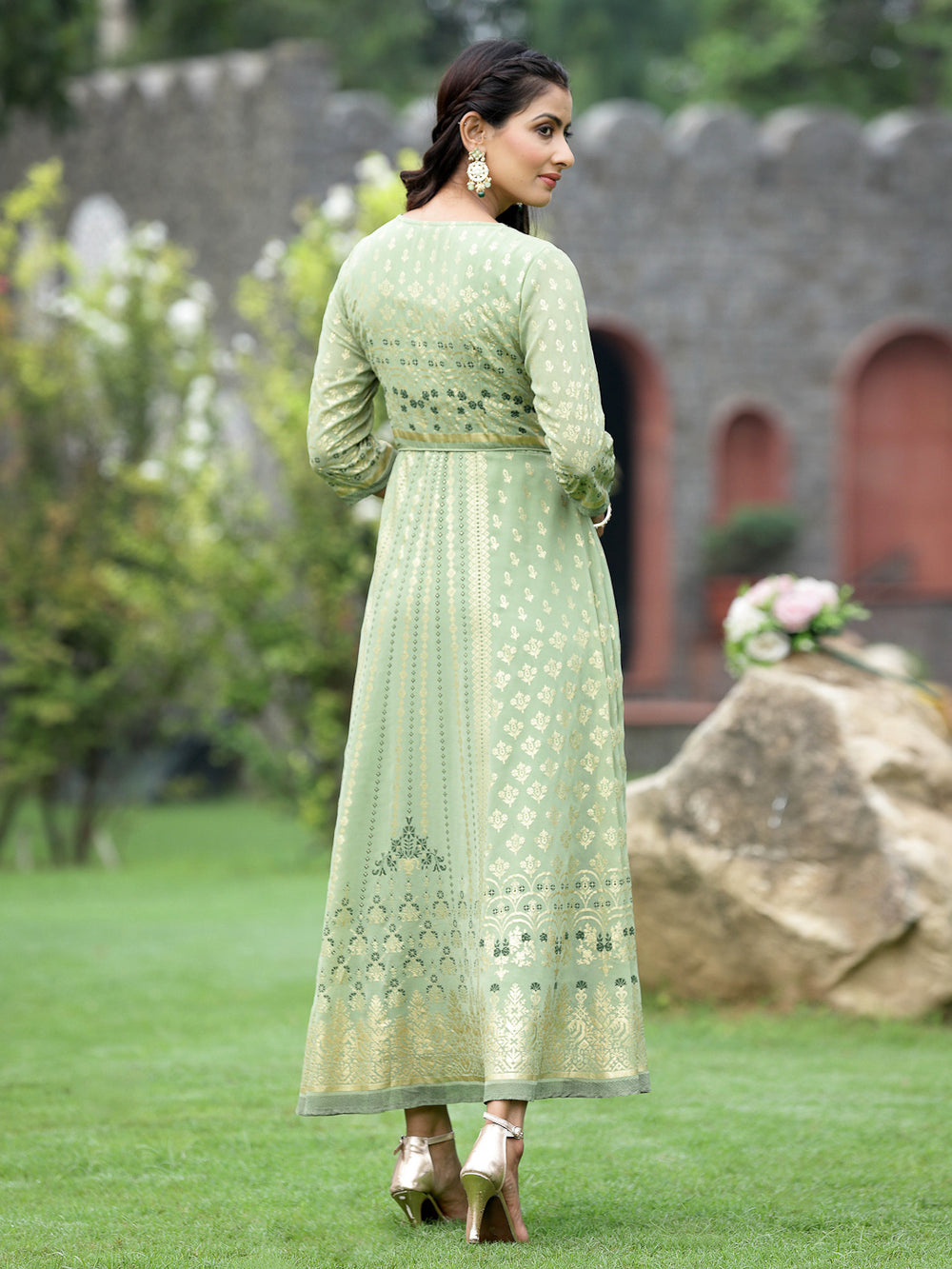 Juniper Sage Green Georgette Festive Foil Printed Flared Maxi For Women - Distacart