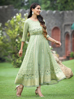 Thumbnail for Juniper Sage Green Georgette Festive Foil Printed Flared Maxi For Women - Distacart