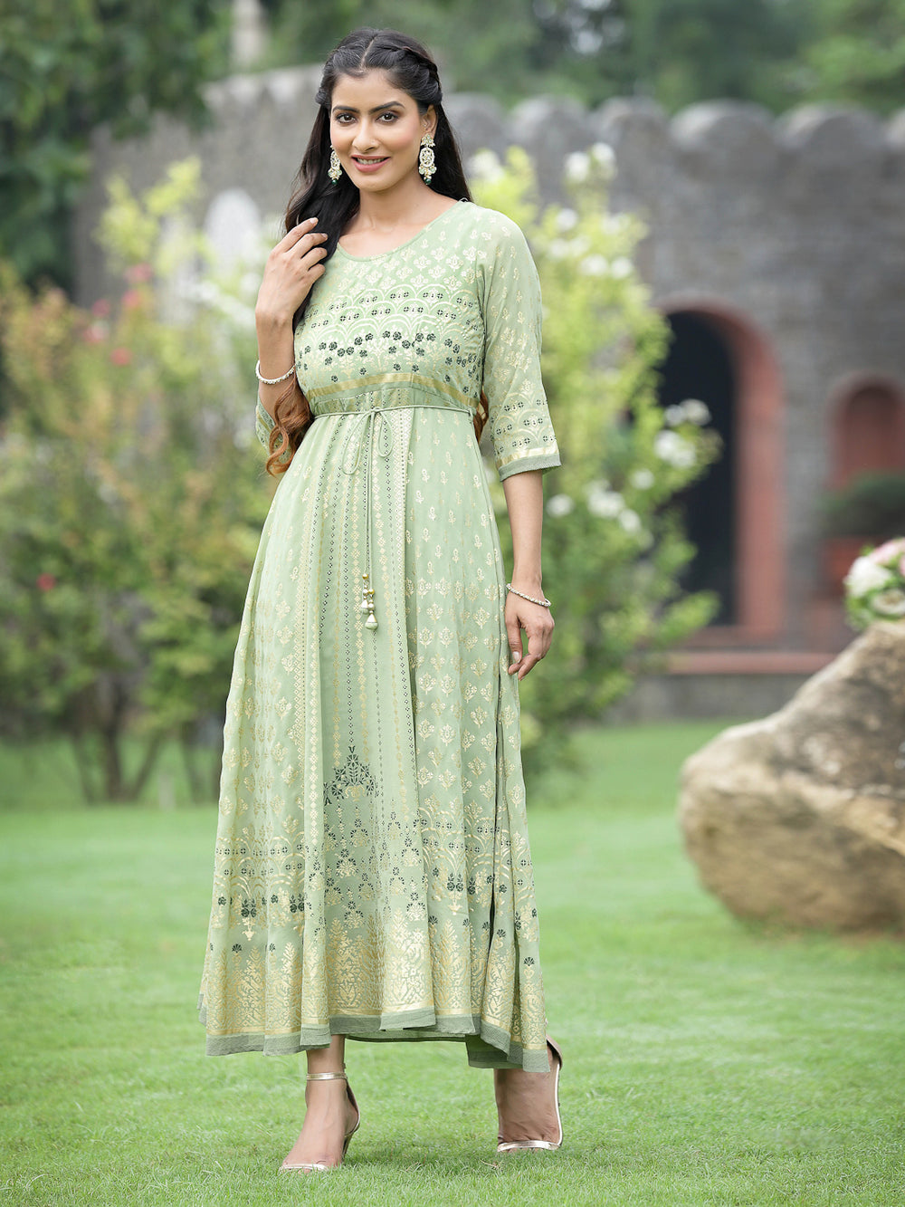 Juniper Sage Green Georgette Festive Foil Printed Flared Maxi For Women - Distacart
