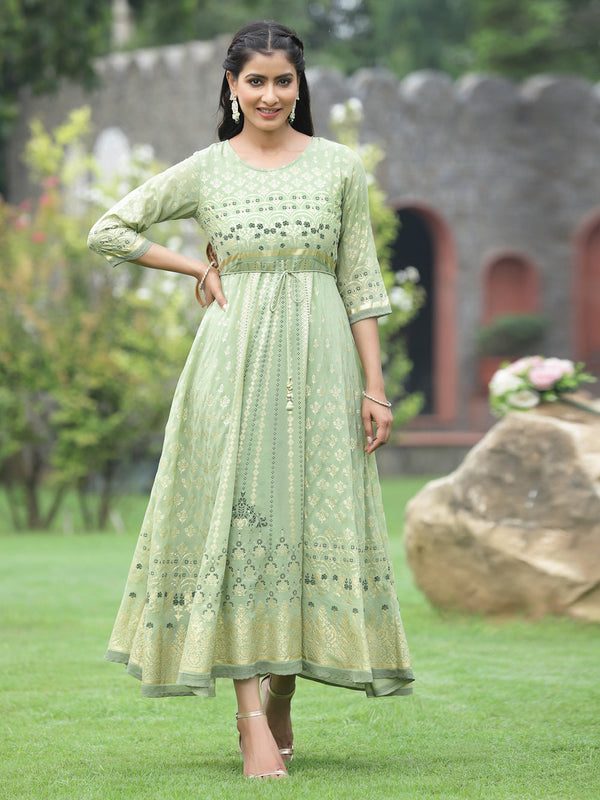 Juniper Sage Green Georgette Festive Foil Printed Flared Maxi For Women - Distacart