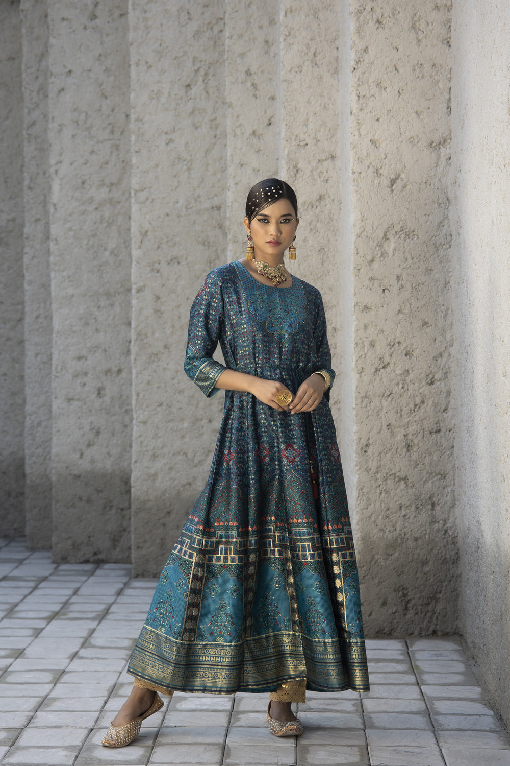 Juniper Teal Satin Festive Printed Anarkali Flared Anarkali Kurta For Women - Distacart